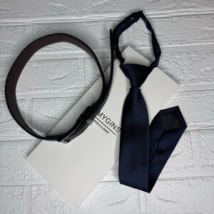 Navy Blue Tie and Black/Brown Belt Set for Kids 8yo
